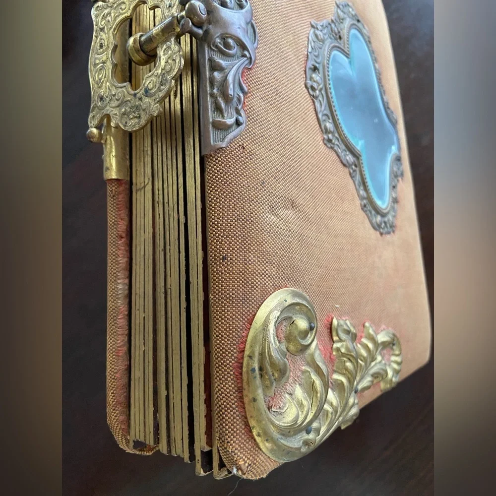 Antique 1894 Victorian Photo Album with Mirror, Built in Stand, Brass Accents